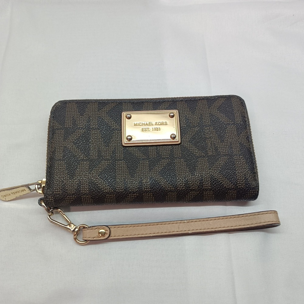 Michael Kors Jet Set Signature Logo Zip Around Wristlet Wallet Brown Gold Tone